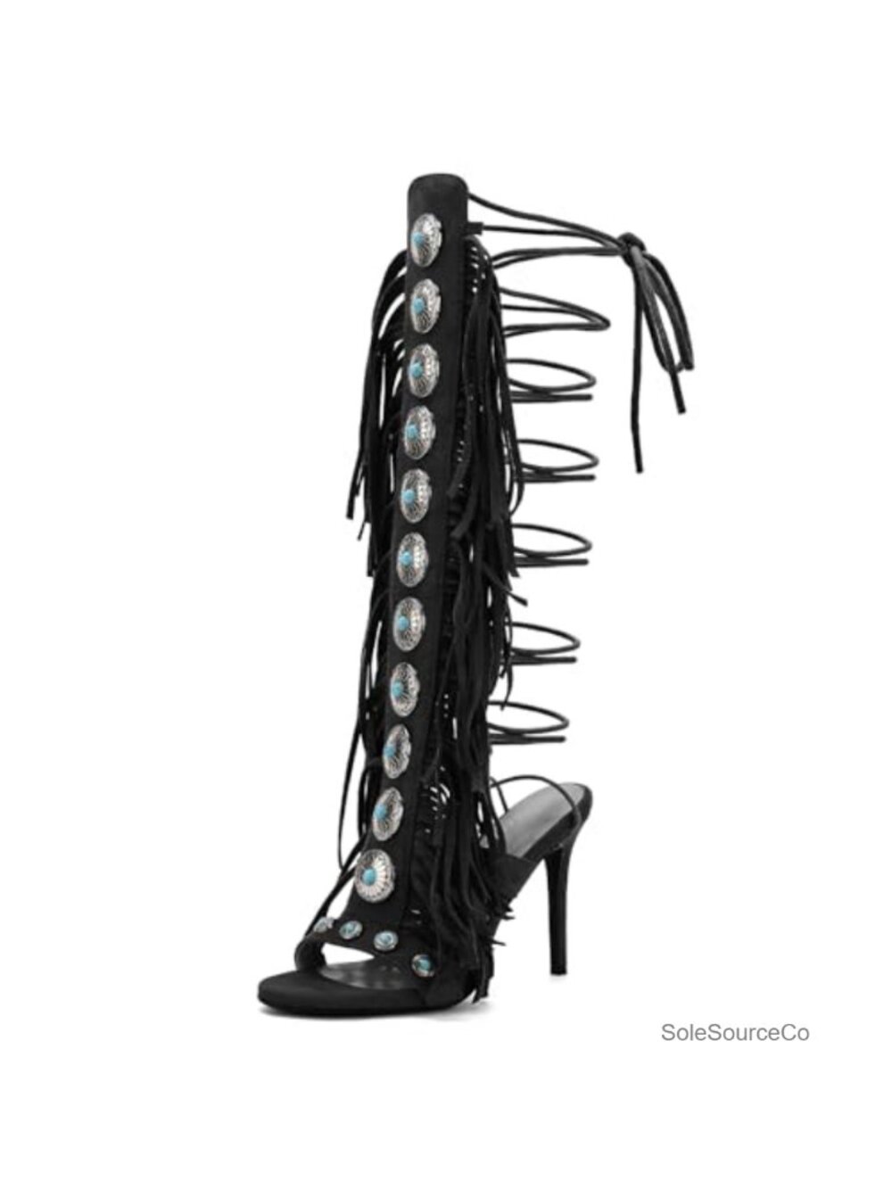 Gladiator Lace Up Knee High Heels Stiletto Strappy Fringe Boots Open Toe Suede